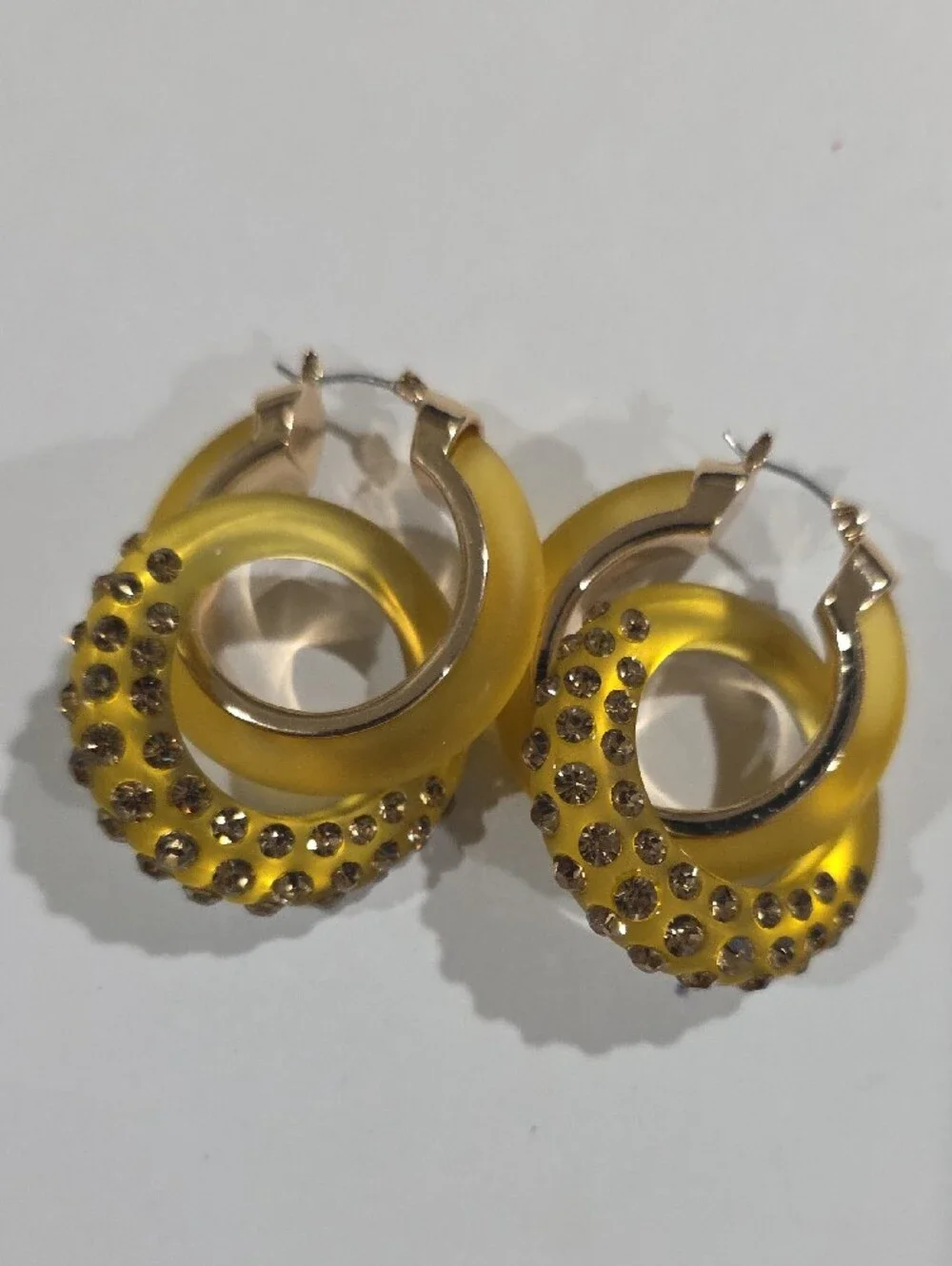 Yellow Double Hoop Earrings w/ Crystal Accents – Bold Women's Statement Jewelry